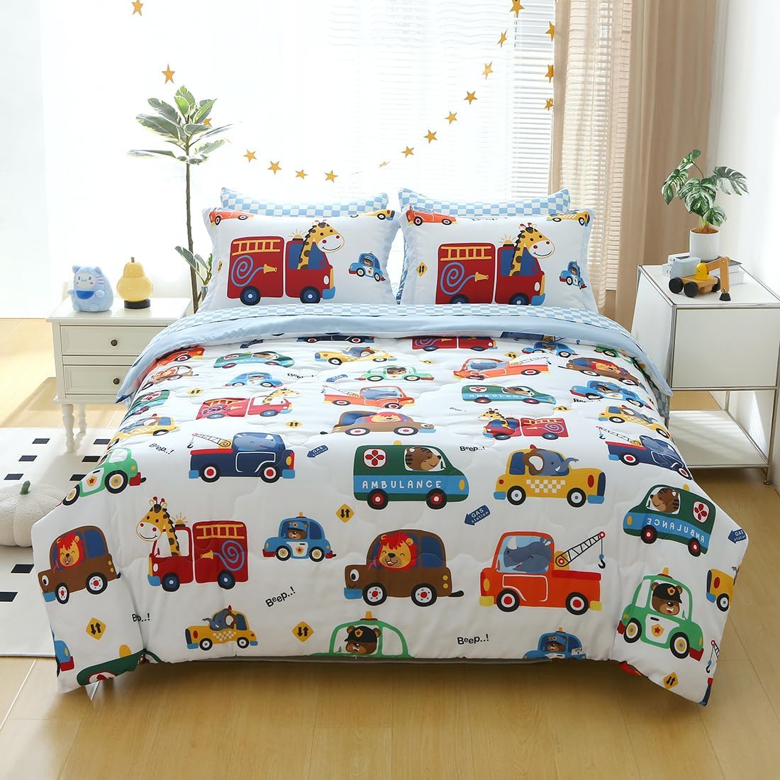 Kids Cars Animal Comforter Set Full Size for Boys Girls Teens 7 Piece Cartoon Construction Fire Truck Excavator Police Ambulance Lion Cat Dog Elephant Bedding Set Bed in A Bag,Colourful