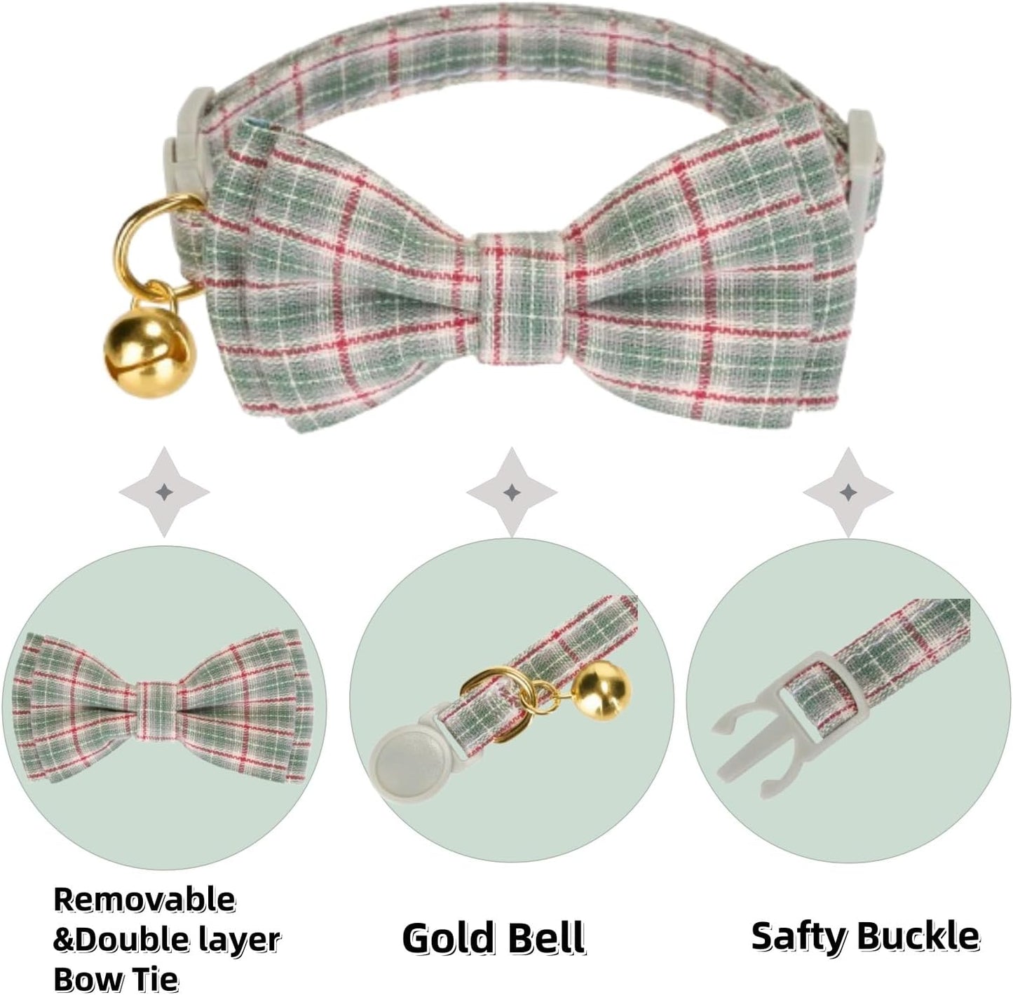 2 Pack Soft Cotton Christmas Cat Collars with Bowtie and Bell Breakaway Plaid Cat Kitten Collar(Red and Green)