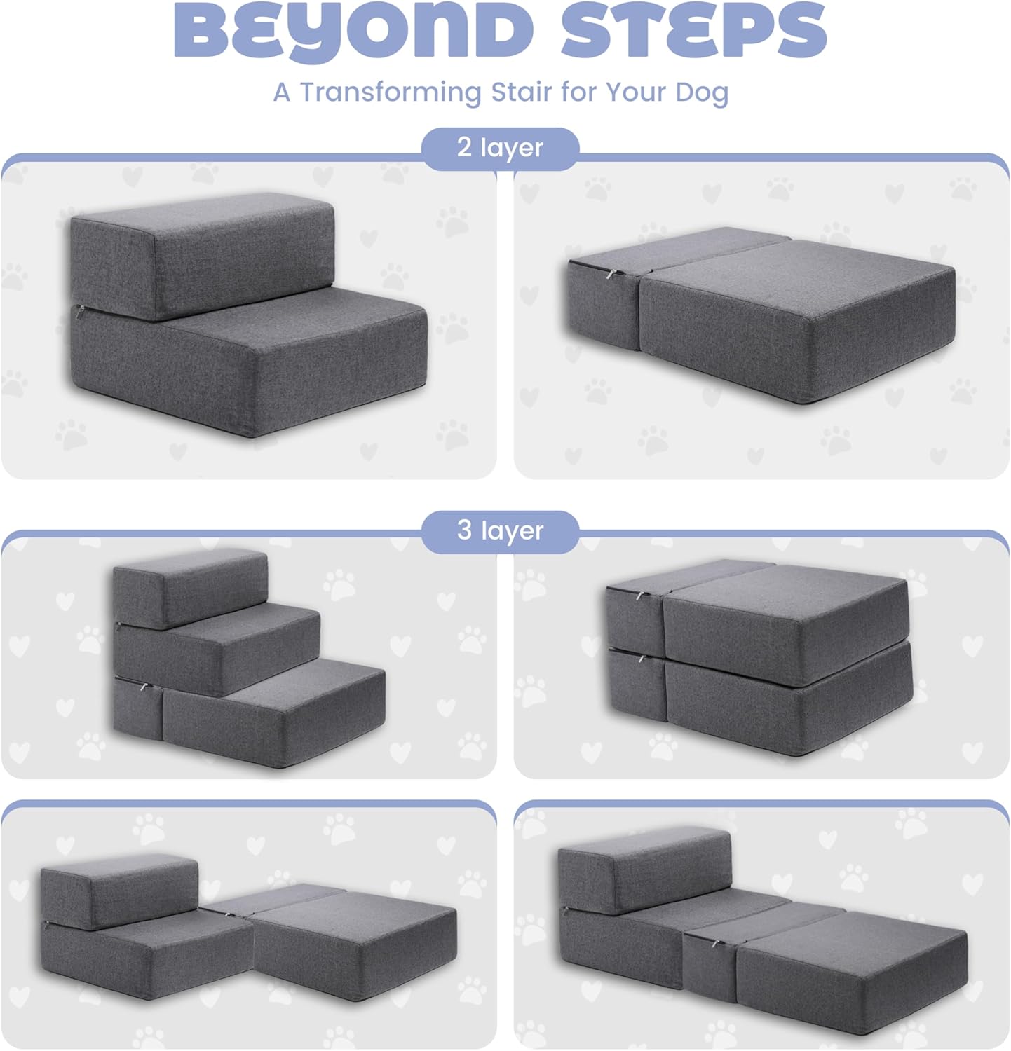 Foldable 18 Inch Wide Dog Stairs for Small Dogs, 12 Inch Height Foam Dog Steps for Bed & Couch, Linen Covered Pet Stairs for Dogs to Get on Bed, Indoor Foam Pet 2 Steps for for Cat and Puppy