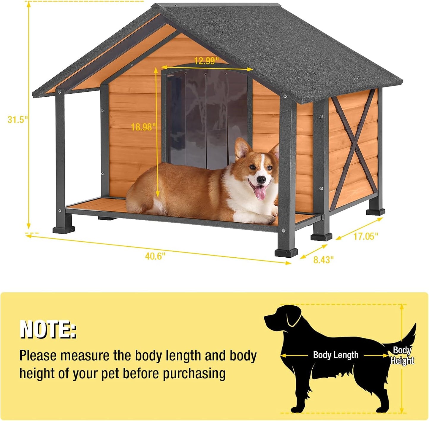 Aivituvin Dog House with Anti-Chewing Metal Frame Outdoor Large Wooden Dog Kennel Outside with Overhang Roof Large Porch Weatherproof