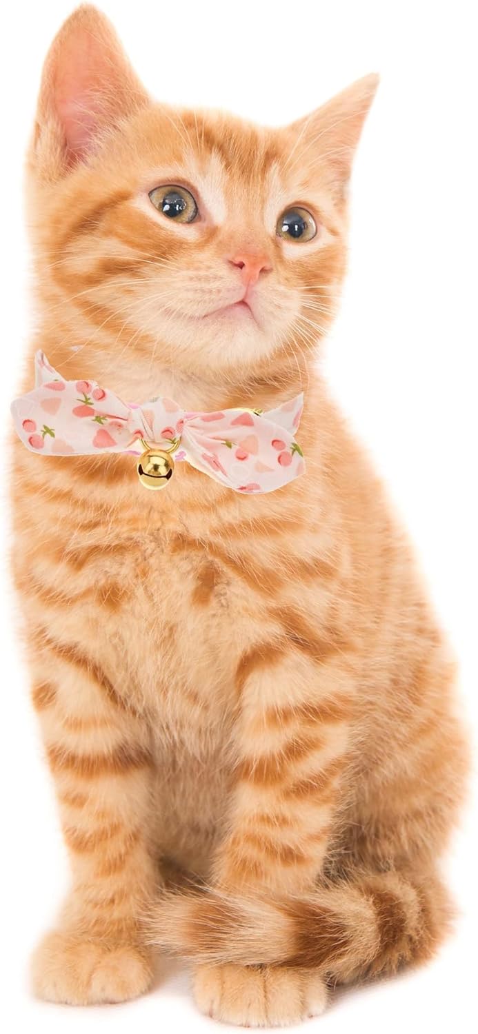 2 Pack Breakaway Cotton Cat Collars with Cute Bunny Ear Bowtie and Bell, Pink Floral Female Kitten Collars