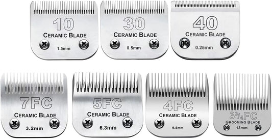 7pcs Dog Grooming Blades Compatible with Andis/Wahl/Oster Dog Clippers,Detachable Ceramic Blade & Stainless Steel Blade,Size:#3FC+4FC+5FC+7FC+10+30+40