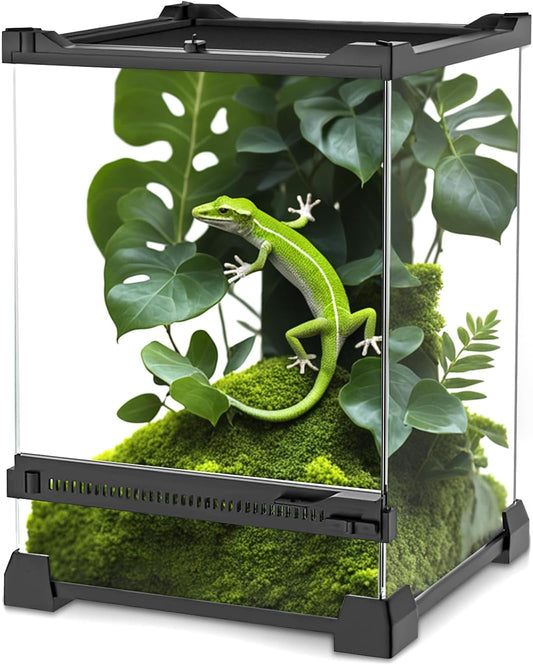 Mini Reptile Glass Terrarium 8"x8"x12" Durable Reptile Habitat Tank with Heat Resistant Aluminum Alloy Frame, Single Swinging Doors for no Jam by Sand and Other Debris
