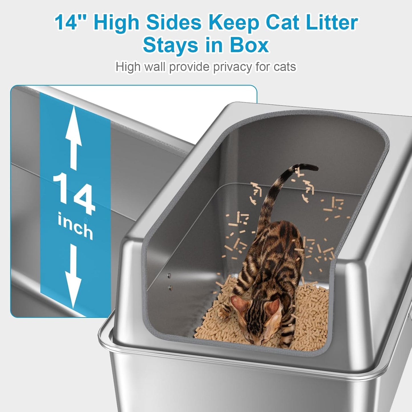 14'' High Sides XXL All Stainless Steel Cat Litter Box with Lid,XL Deep Metal Litter Box for Big Cats,Extra Large Litter Boxes with High Wall Enclosure,Anti-Leakage,Never Absorbs Odors,Non-Sticky