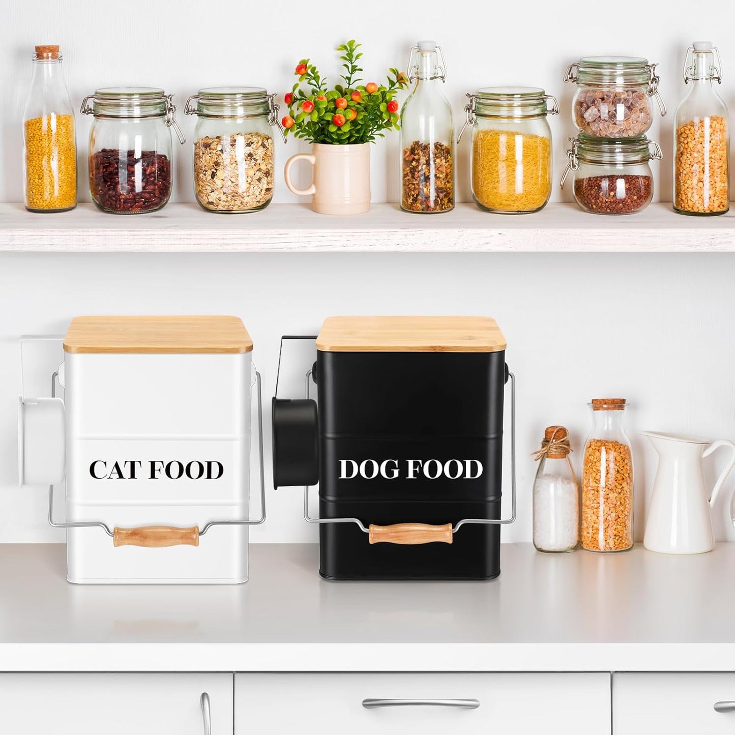 Tioncy 2 Pcs Metal Dog and Cat Food Storage Containers Big Pet Food Containers with Bamboo Lids and Spoon Airtight 5-7 Lbs Dog Cat Treat Snack Jars with DIY Labels for Kitchen Counter(White,Black)