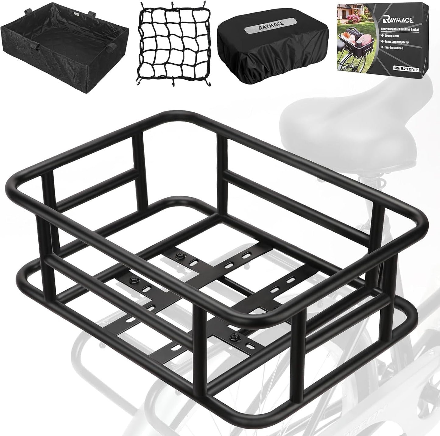 RAYMACE Rear Rack Bike Basket with Cargo Net and Liner Large Bicycle Basket Perfect Mount for Electric Bike