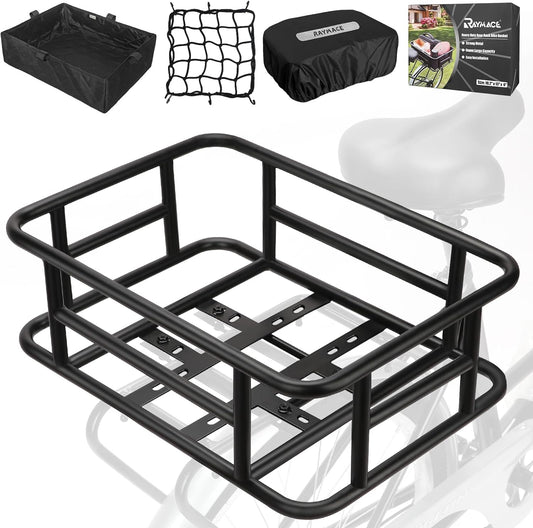 RAYMACE Rear Rack Bike Basket with Cargo Net and Liner Large Bicycle Basket Perfect Mount for Electric Bike