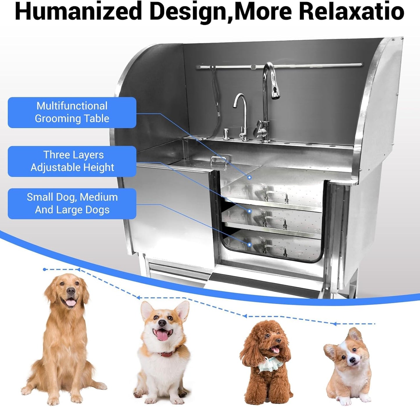 Professional Dog Grooming Tub, 50" Stainless Steel Dog Wash Station with Foldable Ramp, Storage Drawer, Floor Grate & Faucet/Dog Bathtub for Large, Medium & Small Pets - Right Door (50")