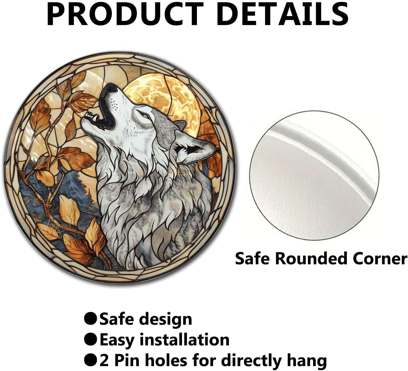 Lygond Metal Sign Tin Sign Circular Stained Glass Gray Wolf Funny Outdoor Decor for Gift 8×8 Inches