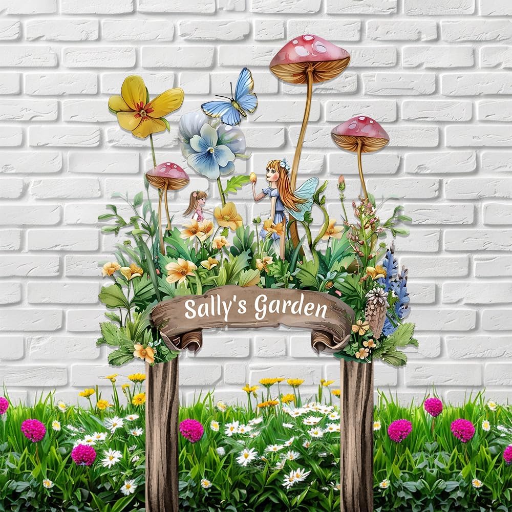 Personalized Cute Fairy Metal Sign with Stake,Custom Gardener Family Name Signs Outdoor Decor,Customized Butterfly Gardening Gifts for Mother,Flowers Plaques Decorate for Garden Patio Lawn Porch Yard