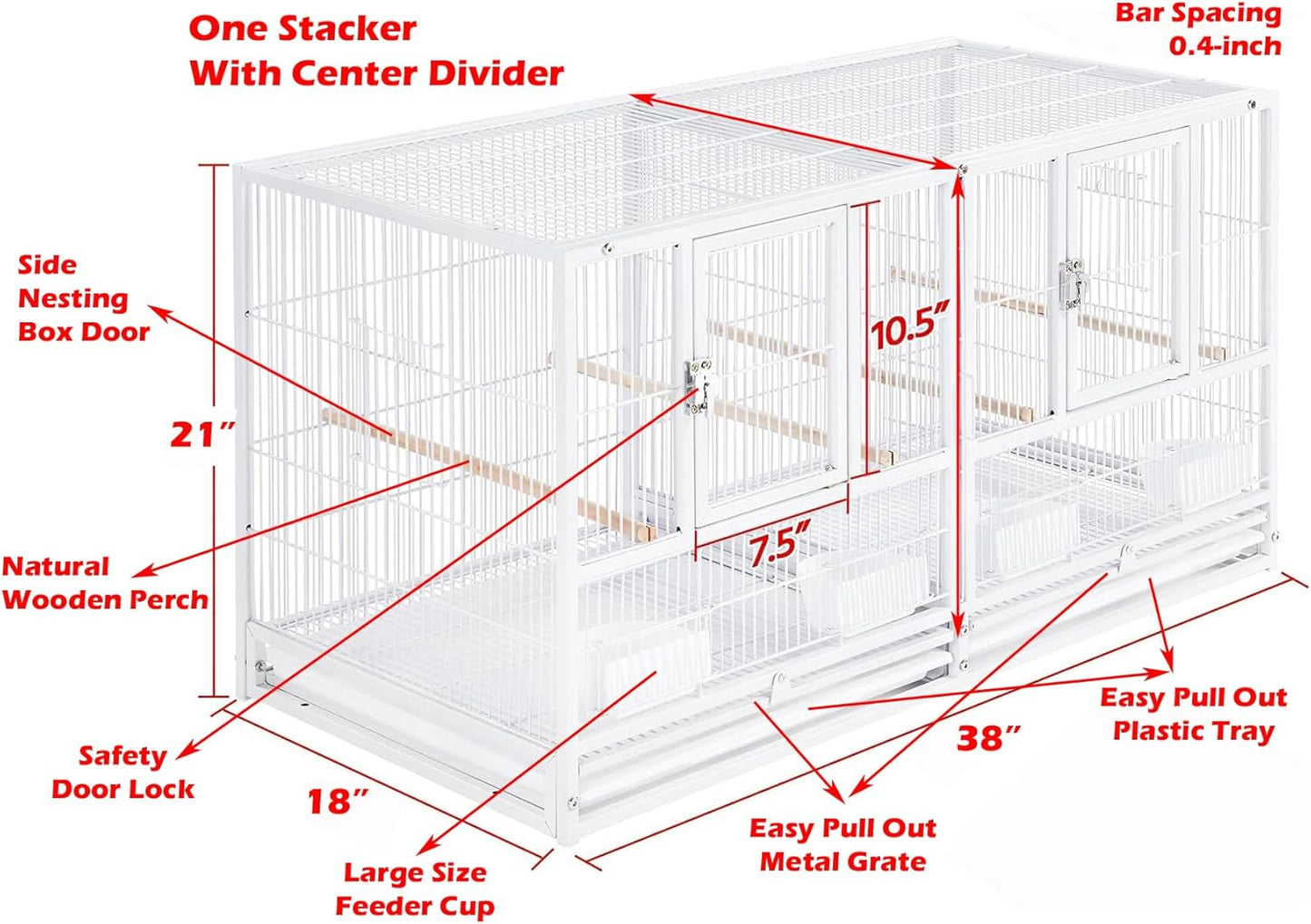 Single Stackable Center Divided Breeder Breeding Bird Flight Double Rolling Cage for Aviaries Canaries Cockatiels Finches Budgies Small Parrots Single Story
