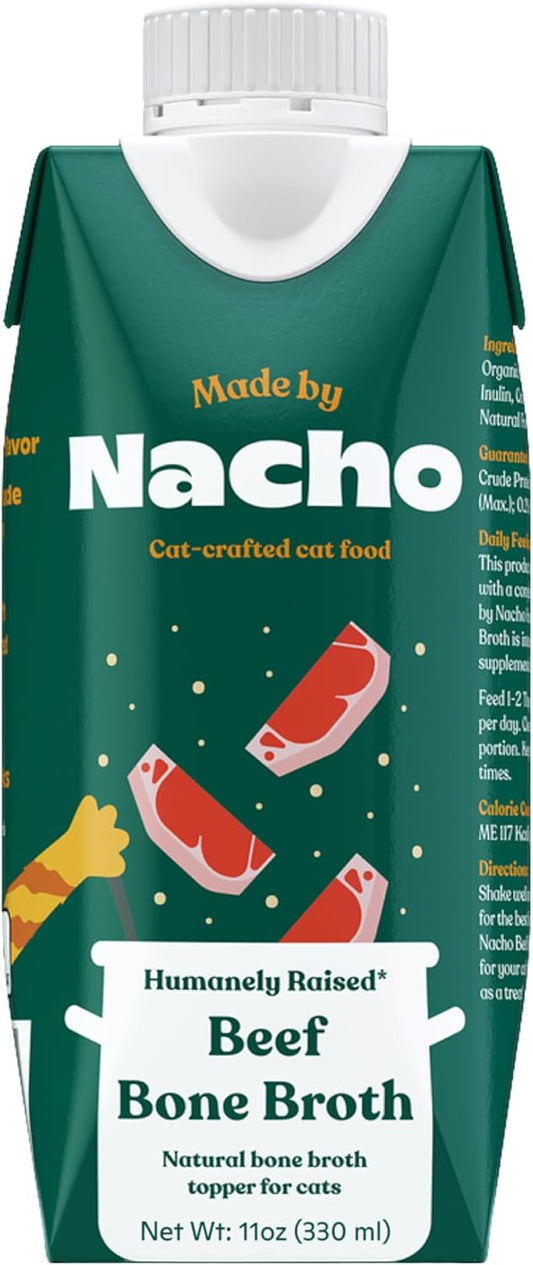 Made by Nacho Bone Broth Cat Food Topper for Hydration and Picky Eaters - Add Protein and Flavor to Your Dry Cat Food – Supports Optimal Nutrition, Digestion, Skin & Coat, 11 oz. (Pack of 4), Beef