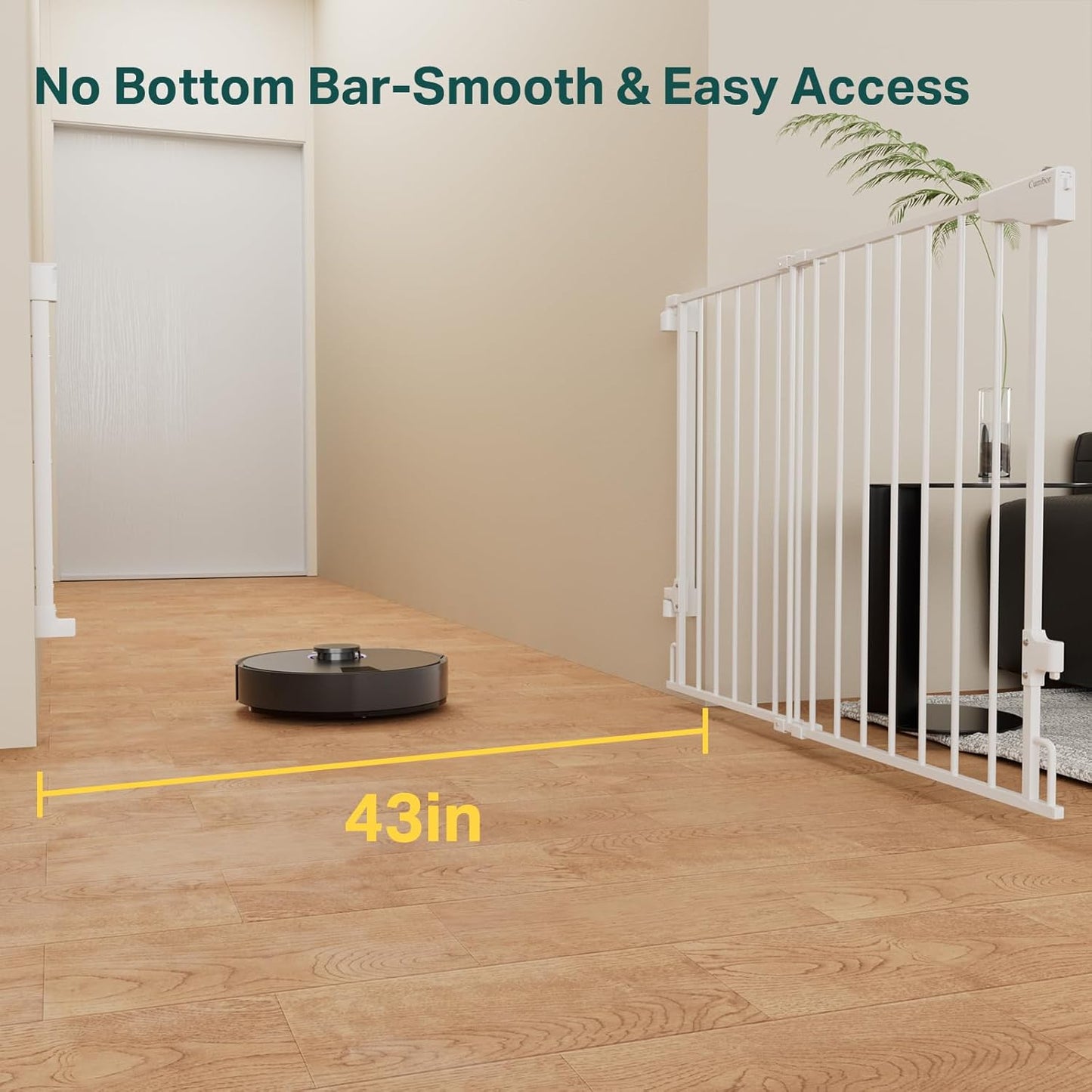 Cumbor 29.2-43" No Bottom Bar Baby Gate for Stairs, 2-in-1 Hardware Mounted Dog Gate Indoor, Auto Close Pet Gate for Doorways with Large Walk Thru Door, Wide Child-Proof Safety Gates for Kids (White)