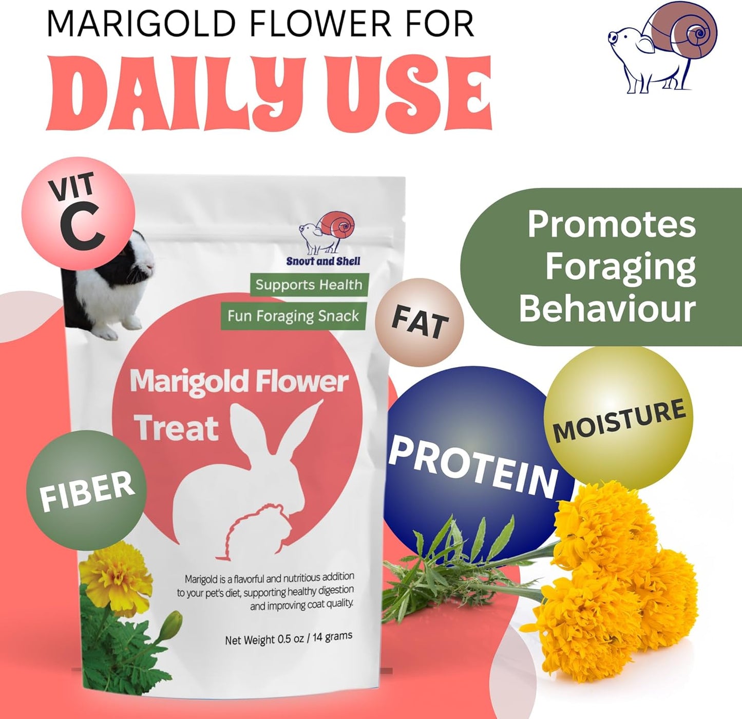 Snout and Shell Marigold Flower Treat for Small Pets – Organic, Healthy Digestive Support – Fun Foraging Snack for Rabbits, Guinea Pigs, Chinchillas, and More – 0.5 oz / 14g