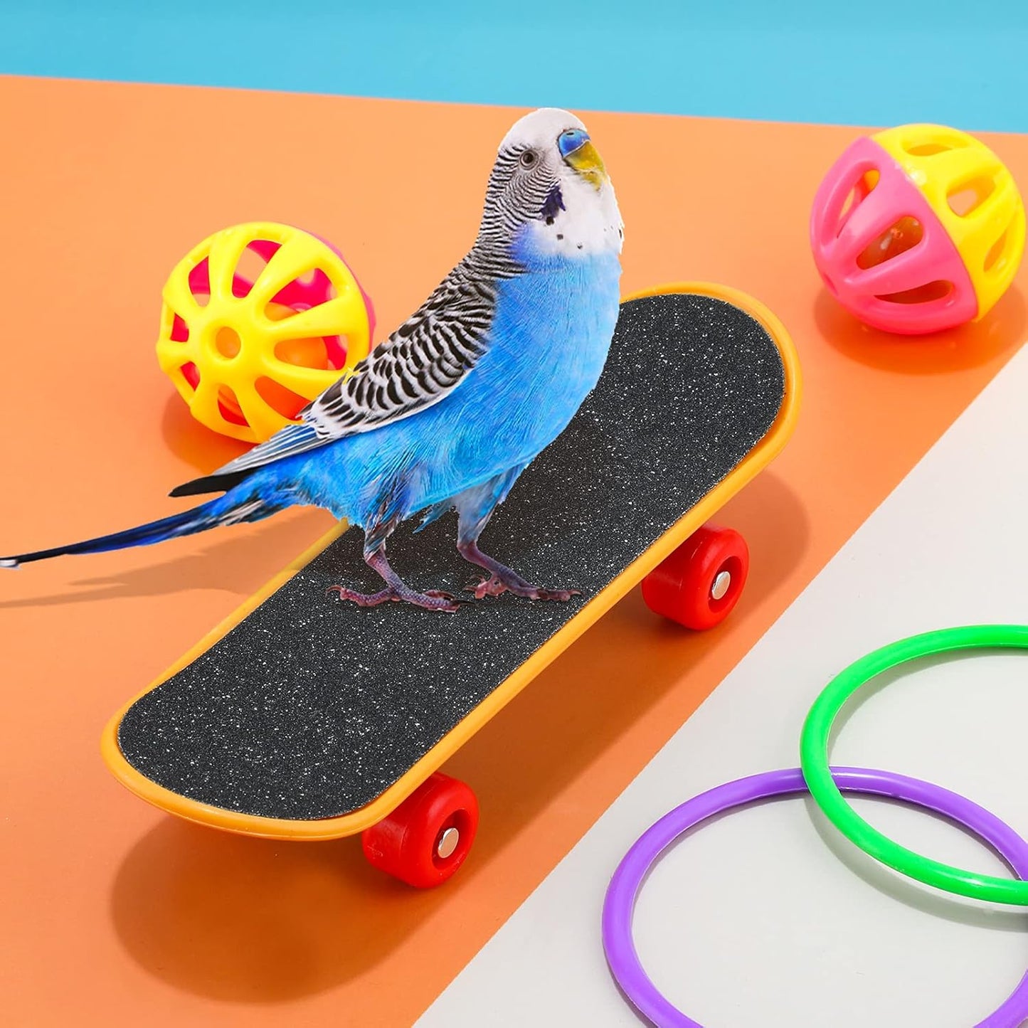 10 Bird Training Toys - Parrot Intelligence Toys for Parakeet, Cockatiel, Macaw - Includes Bowling, Basketball, Rings, Shopping Cart, Skateboard, Bell, Ball - Random Color