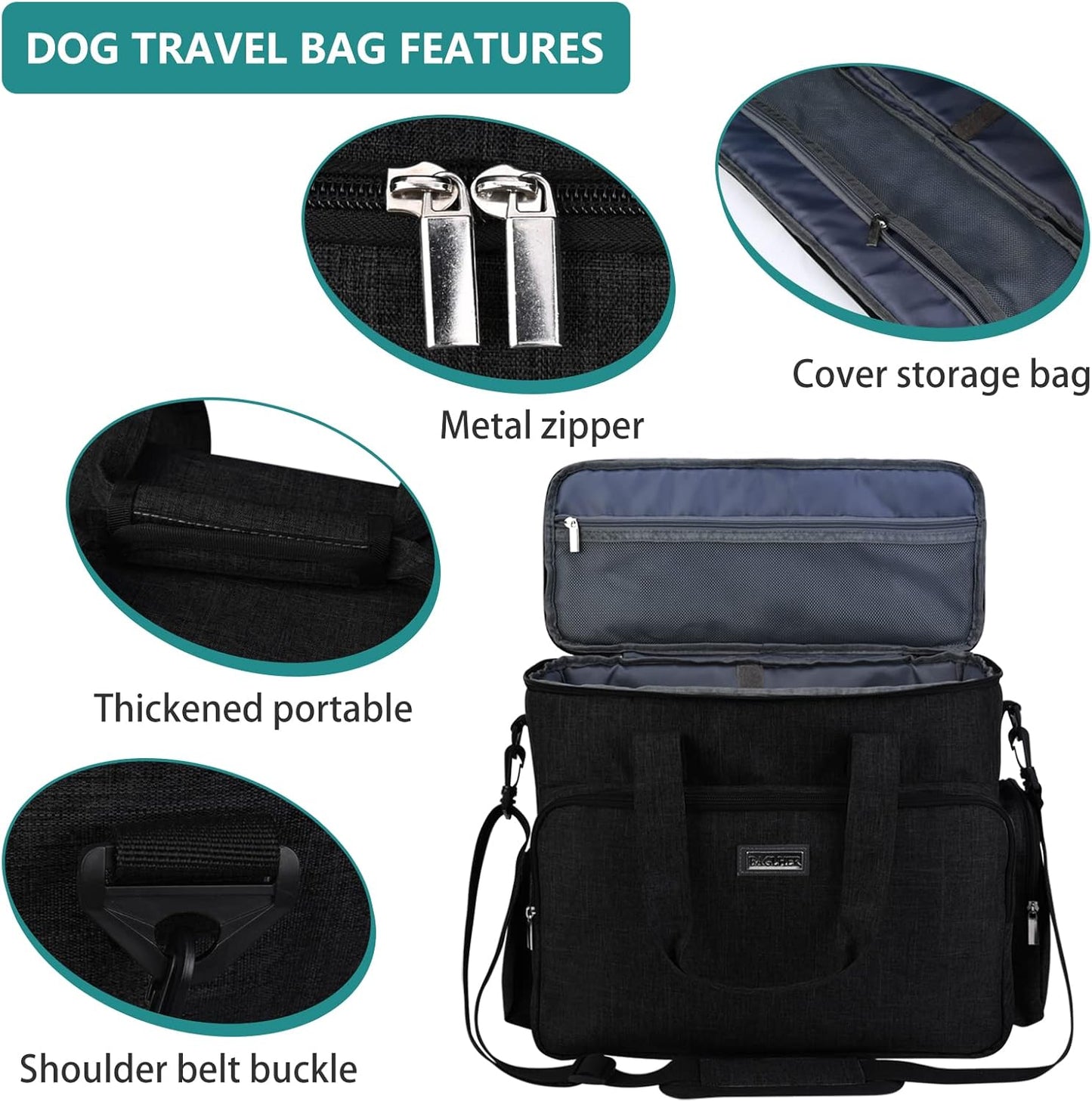 BAGLHER Dog Travel Bag, Airline Approved Pet Tote Organizer with Multi-Function Pockets, 2 X Food Storage Containers and 2 X Collapsible Dog Bowls, Perfect Weekend Pet Travel Set for Dog, Cat Black