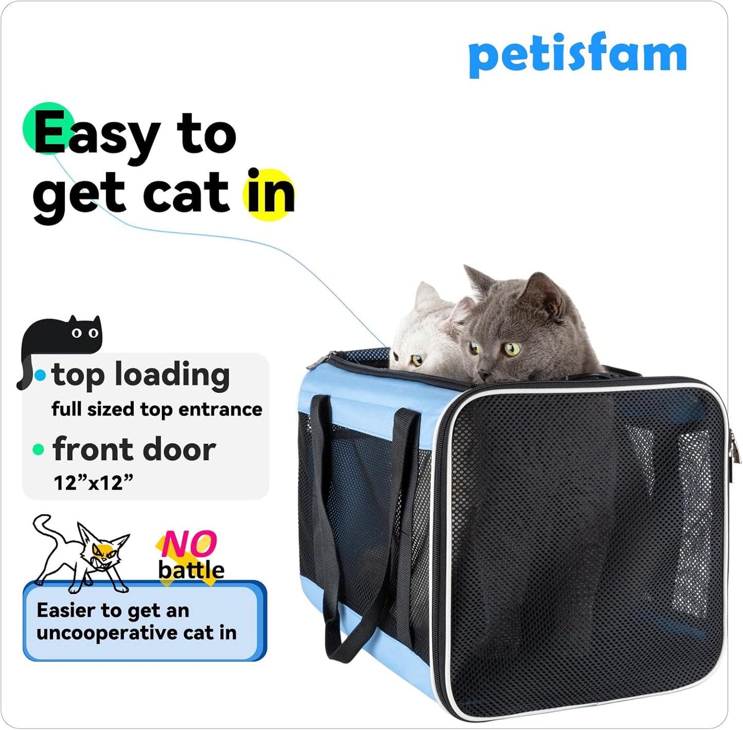petisfam Soft Pet Carrier for Large and Medium Cats, 2 Kitties, Small Dogs. Easy to Get Cat in, Great for Cats That Don't Like Carriers (Blue)