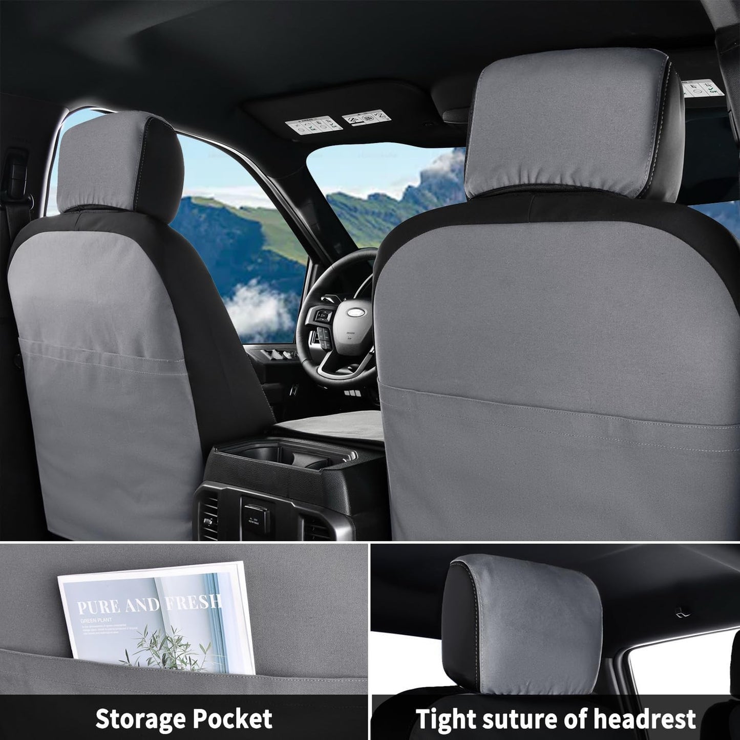 Coverado Front Seat Covers, Waterproof Canvas Seat Protector for Car Seat Cushions for Kids & Dogs, Seat Covers Compatible with 2015-2025 Ford F150 & 2017-2025 Ford F250 F350 F450(Gray, 2PCS)