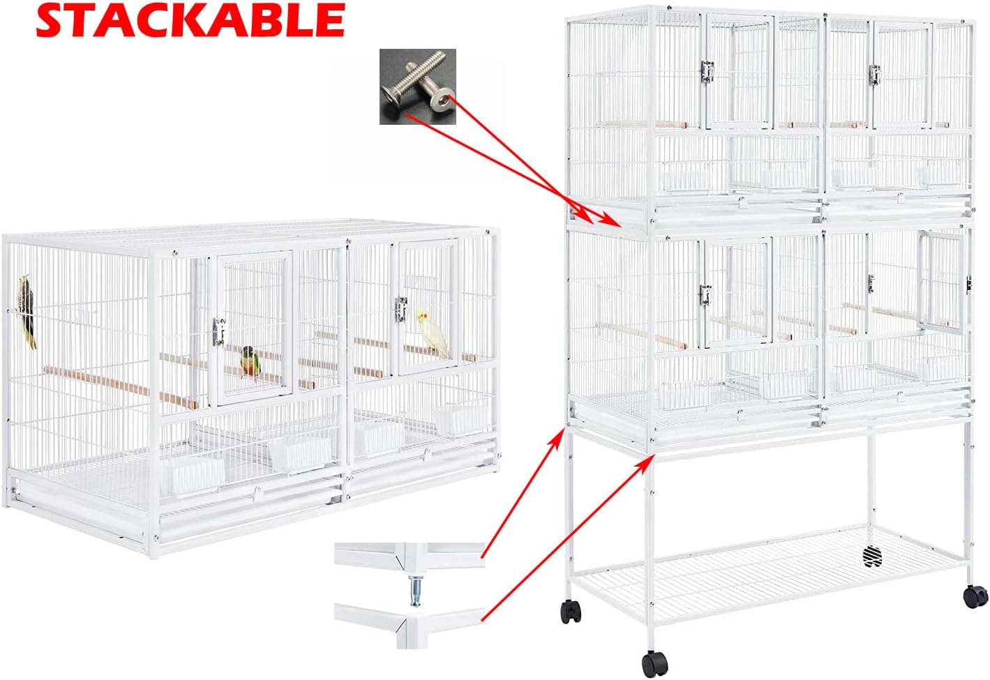 Combo Breeding Stacker Center Divided Breeder Bird Flight Double Rolling Cage with Side Breeding Nest Door (White, Triple Stack)
