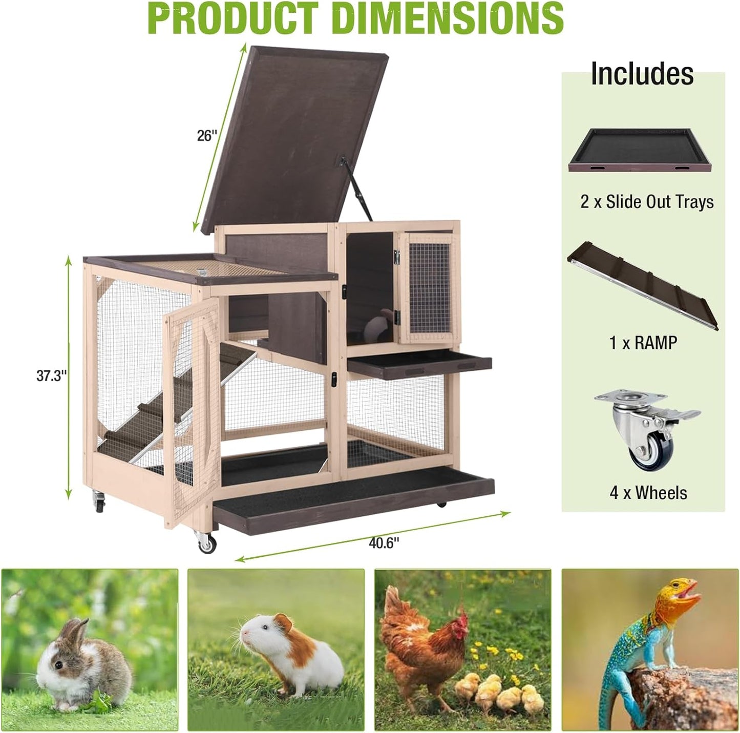 GUTINNEEN 2-Story Rabbit Hutch with Chew-Proof Ramp & Pull-Out Trays - Indoor/Outdoor 39.3" Wooden Rabbit Cage on Wheels for Rabbits, Guinea Pigs (Dark Brown)
