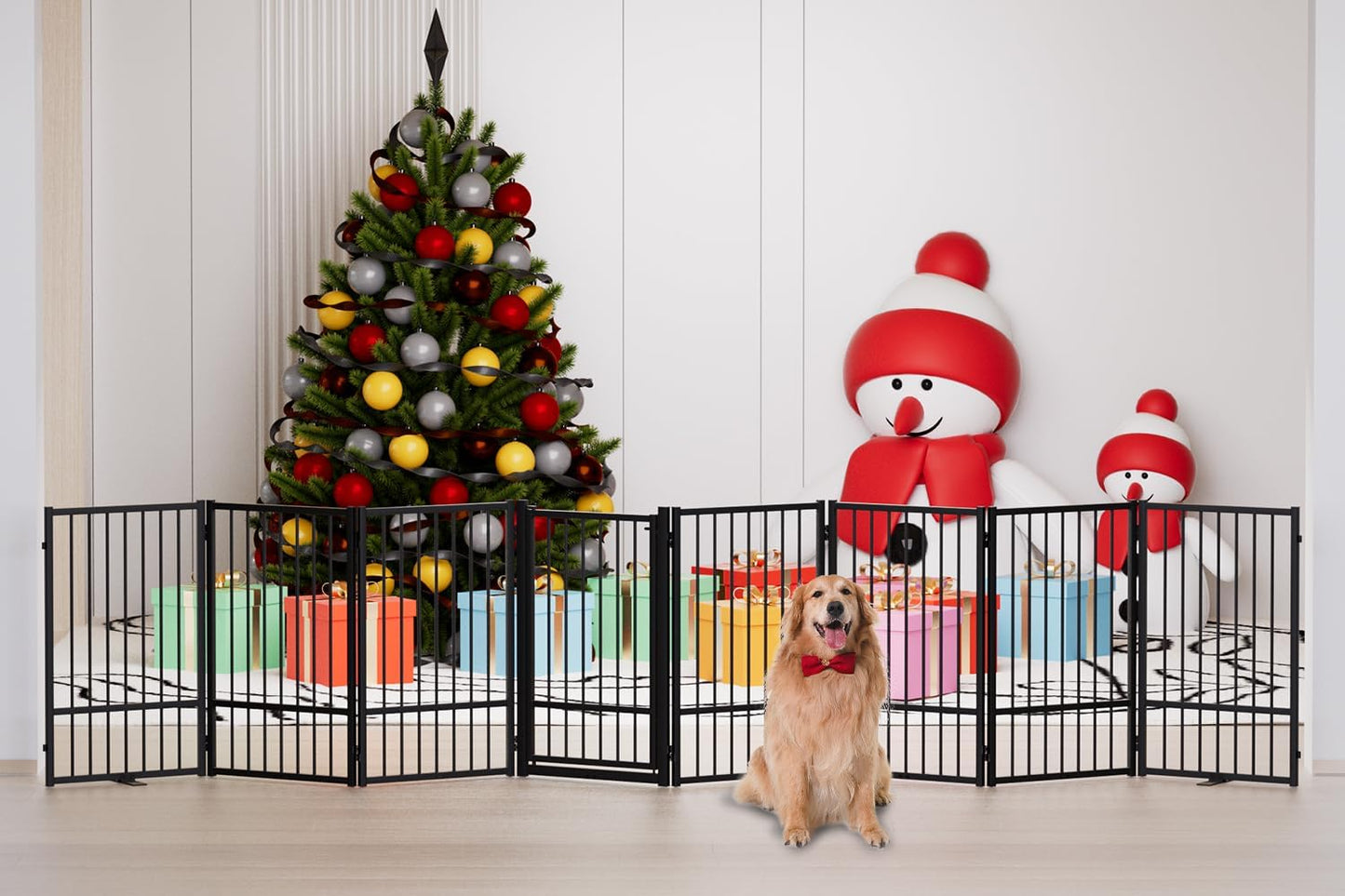 Full Metal Freestanding Dog Gate with Door, 32''Height Foldable Pet Dog Fence for Indoor & Outdoor, 8 Panels Extra Wide Free Standing TallDog Gates for Doorways,House,Stairs,Porch,Deck,Yard