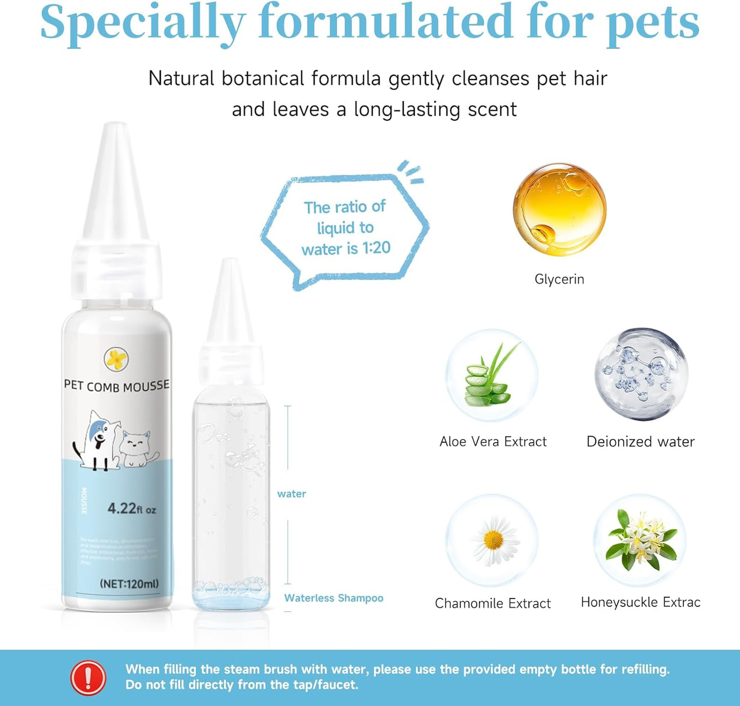 Pet Steam Brush for Dog & Cat – 3-in-1 Spray Hair Removal Comb – Steam for Shedding & Grooming – Water Brush for Long & Short Haired Pets – Spritz Defur Comb – Includes 2*Waterless Shampoo