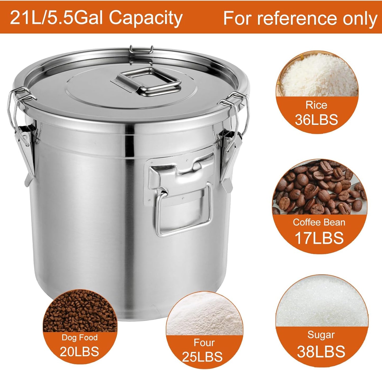 DYNAMI 5.5Gal 304 Stainless Steel Airtight Container with Lid and Locking Clamp,17-38Lbs Metal Bucket Large Stainless Steel Canisters for Kitchen,Dog Food/Bird Seed/Coffee Storage Container(21L)