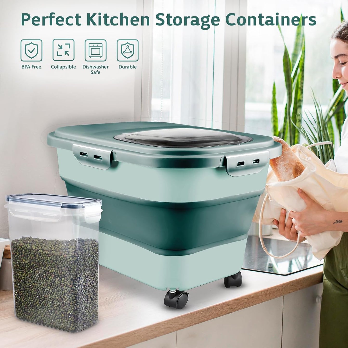 Rice Storage Containers, Collapsible 20 to 30Lbs Food Storage Bin Dispenser with Rolling Wheel and Clear Airtight Lid, BPA Free Flour, Sugar, Cereal and Dog Cat Pet food Containers