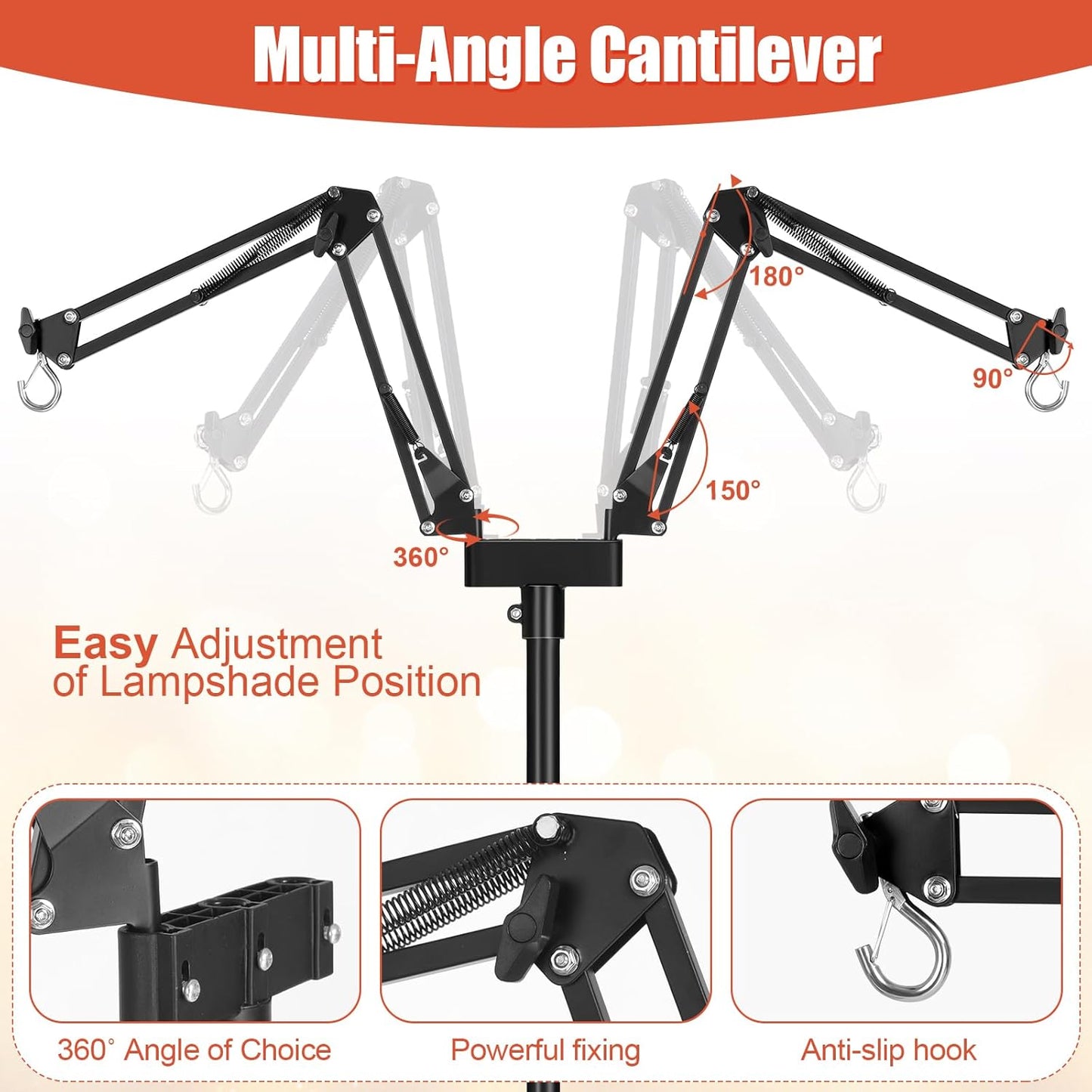 Dual Reptile Lamp Stand - Adjustable Height (15.7in to 74.3in) Metal Light Holder with 2 x 360° Adjustable Arms for Hanging Heat Lamp Fixture Dome Lampshades in Tank and Glass Terrarium