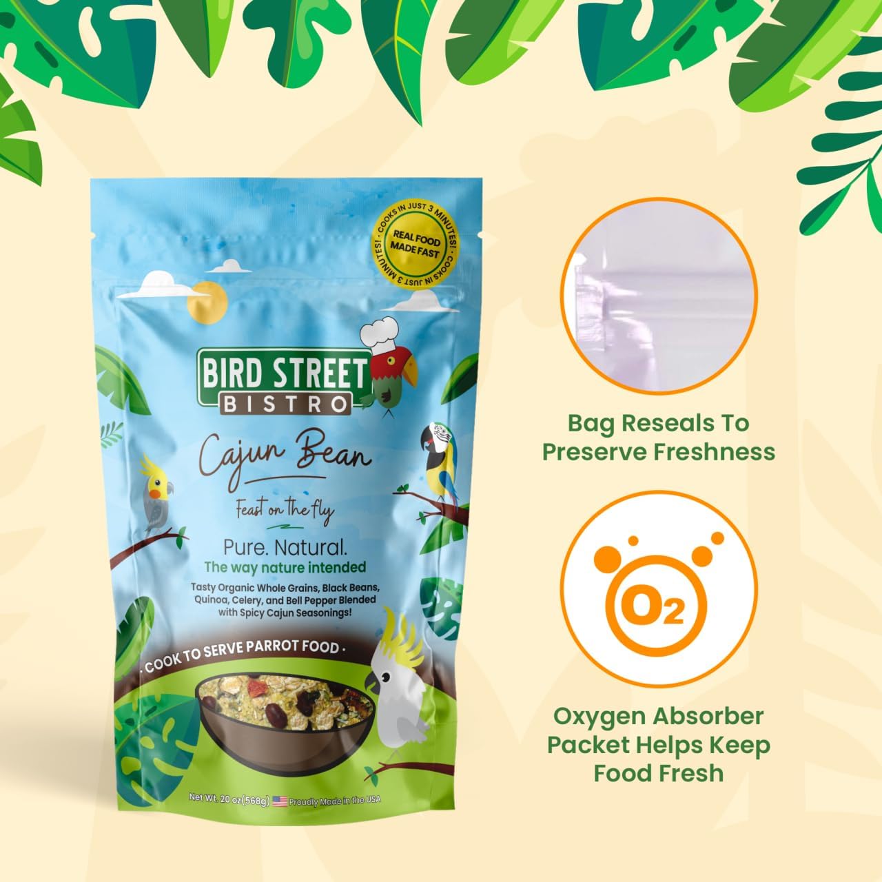 Parrot Food - Parakeet & Cockatiel Food - Cooks in 3-15 min with Natural & Organic Grains, Legumes, Healthy Fruits, Vegetables & Spices