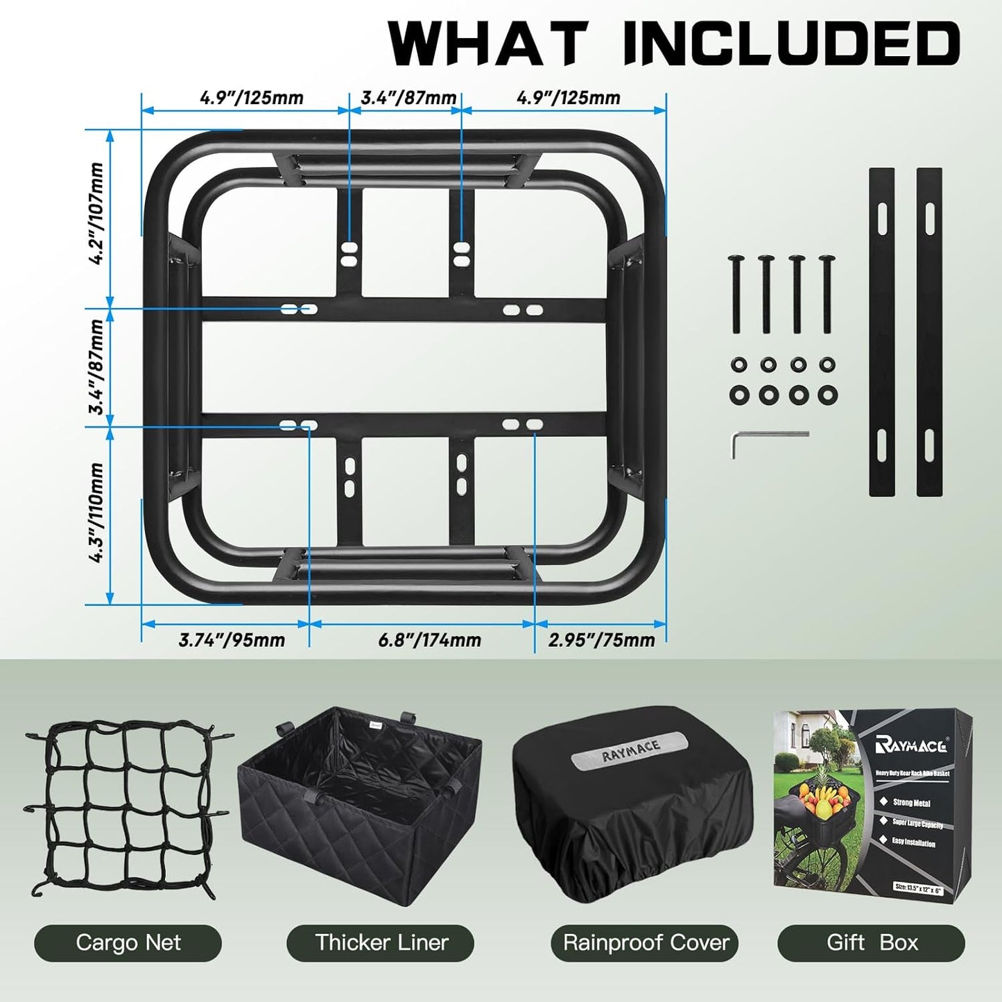 RAYMACE Rear Rack Bike Basket with Cargo Net and Liner Large Bicycle Basket Perfect Mount for Electric Bike