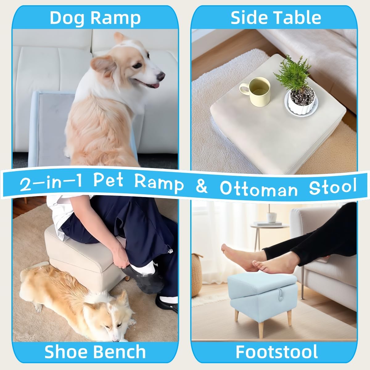 Split Ottoman Dog Ramp, Folding Pet Ramps Stairs for Couch, Pet Ramps Stairs for Small and Large Dogs, Holds up to 220 lbs (Blue - 2 Pads & 2 Covers, One Size)