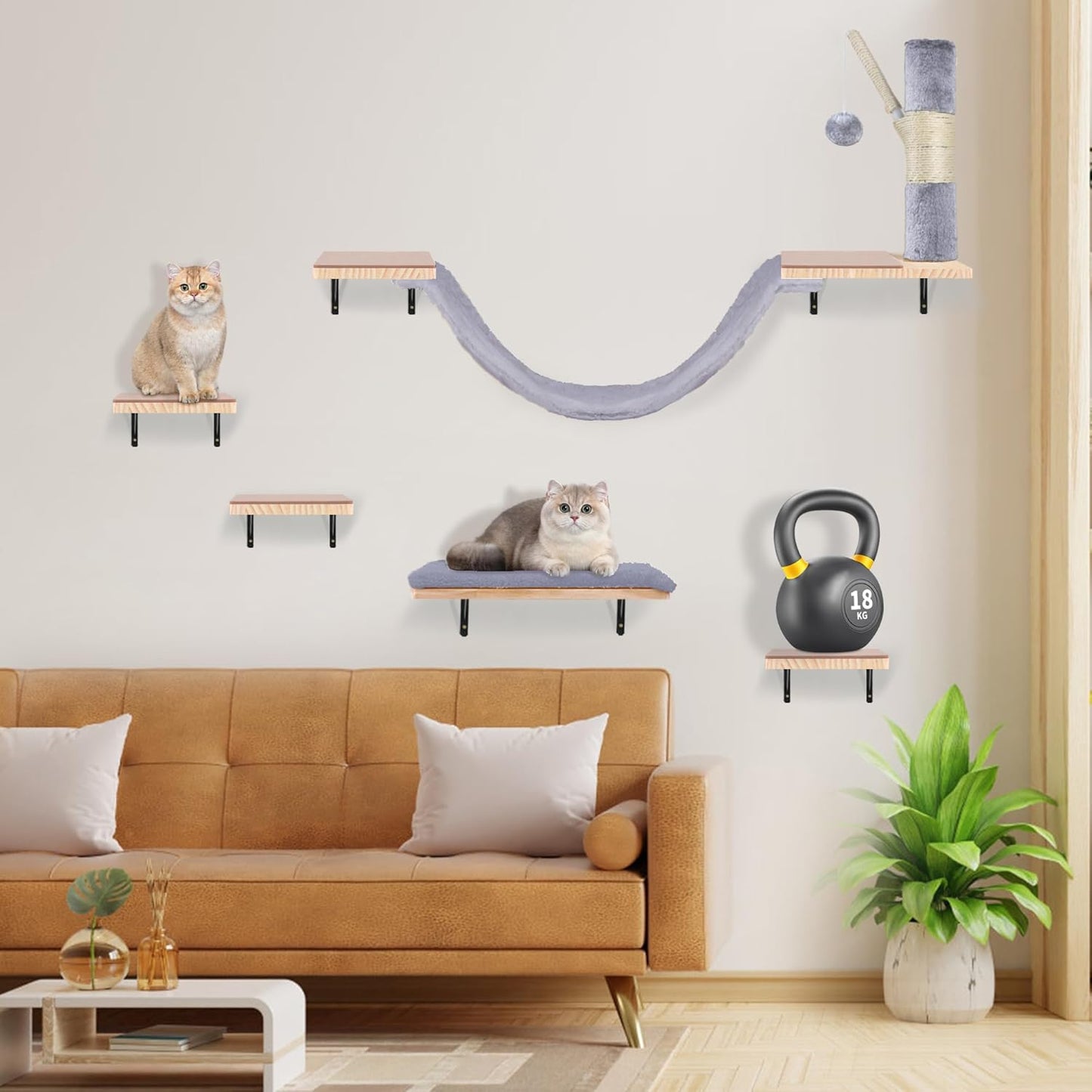Cat Shelves for Wall, Wall Mounted Cat Furniture Set,with Hammock,Jumping Boards,Sofa,Steps,ScratchingPost,Hanging Ball and Felt Pads, Suit for Cats Climb, Jump,Scratch-Gray