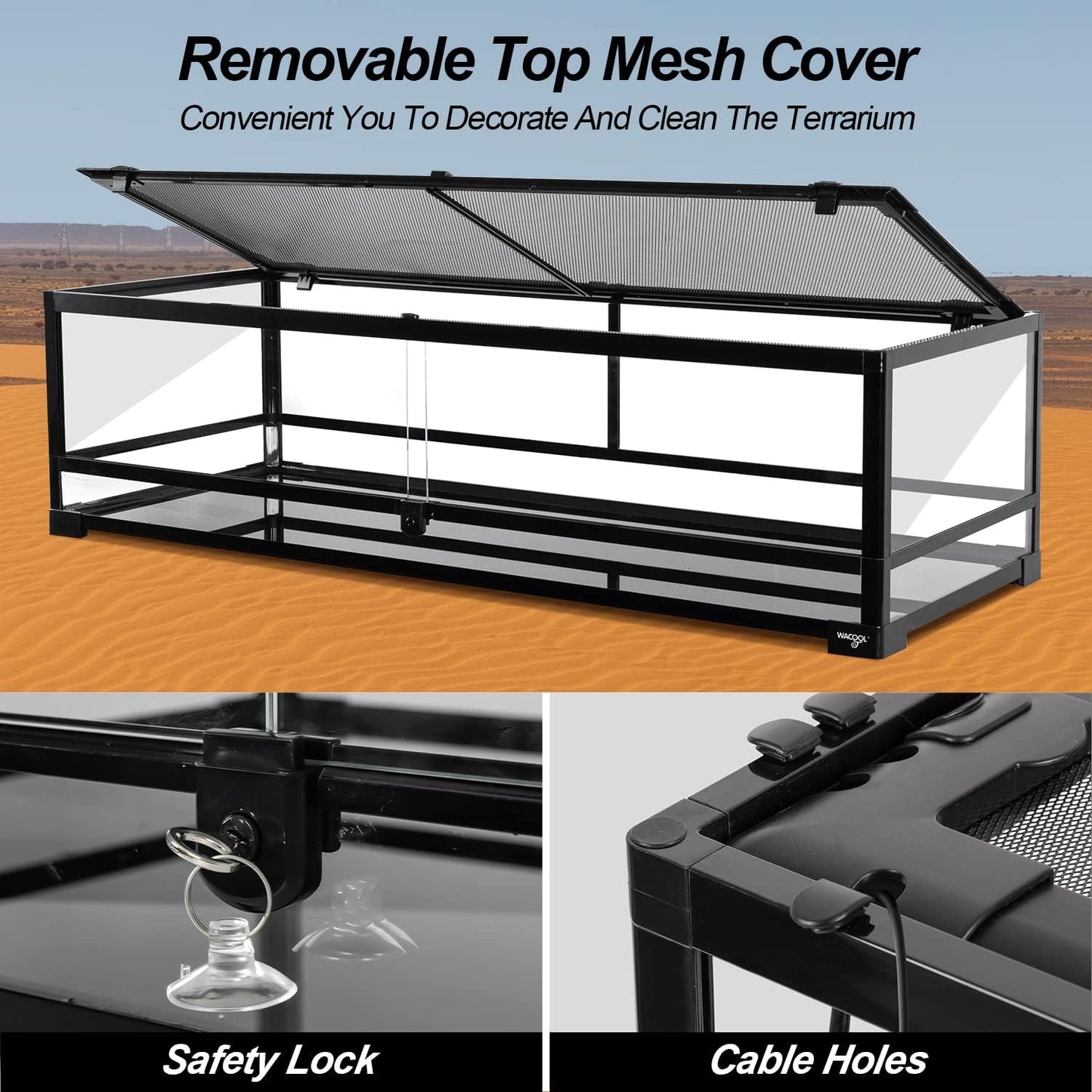 Large Reptile Tank 45 Gallon, 360°Full Vision Glass 48“ Long & 12” Low Reptile Terrarium with Top Mesh Lid for Tortoise Snake Ball Python