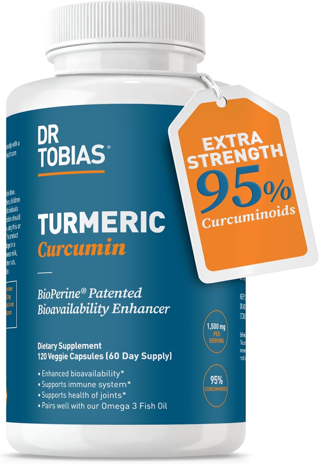 Dr. Tobias Turmeric Curcumin 1500mg with BioPerine – Extra Strength Supplement with 95% Curcuminoids for Joint Support, Overall Vitality & Immune Health, 120 Vegan Capsules, Non-GMO
