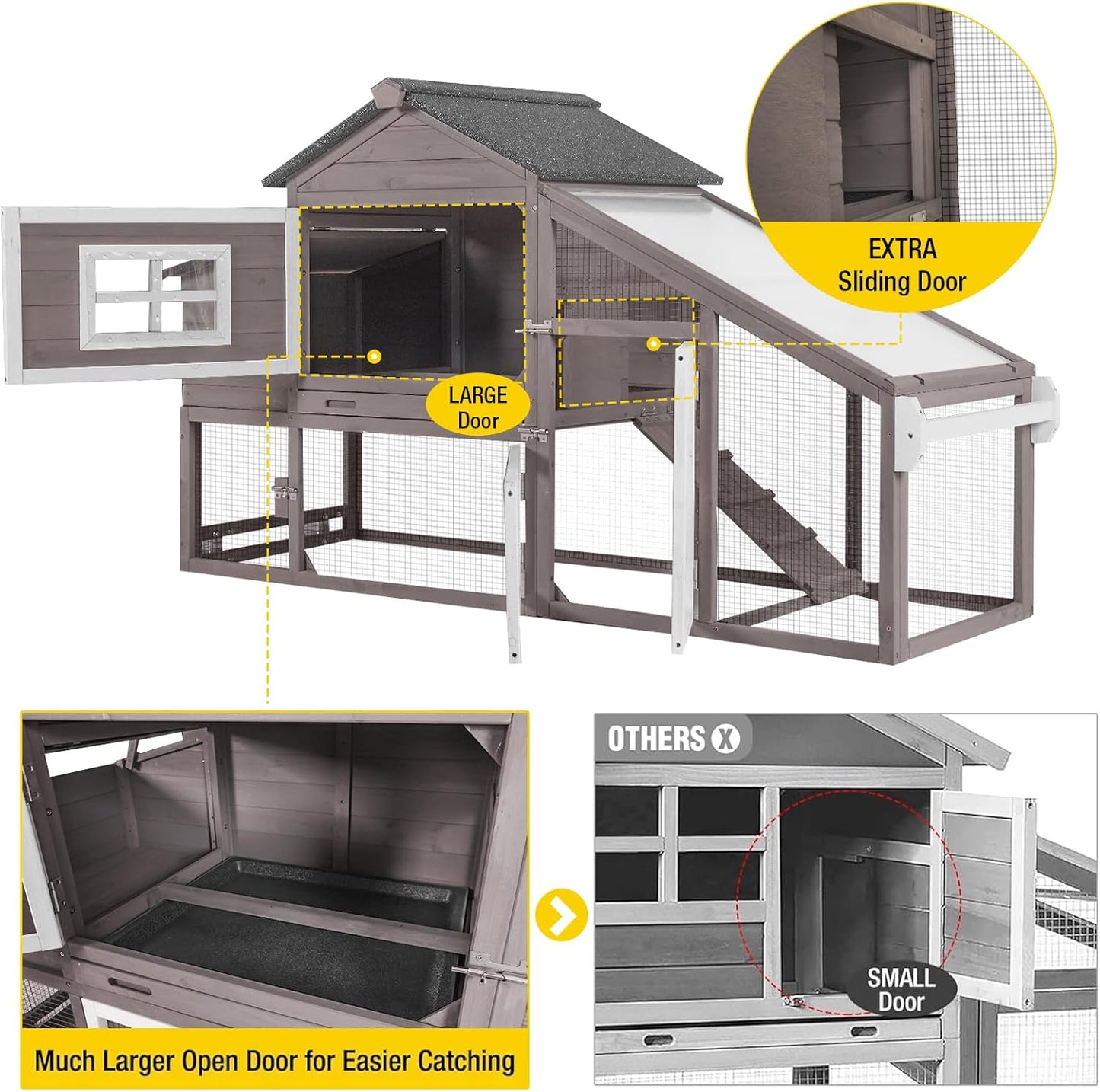 Aivituvin Chicken Coop Outdoor with Wheels, Mobile Hen House Wooden Poultry Cage with Run & Waterproof Roof (Grey with White)