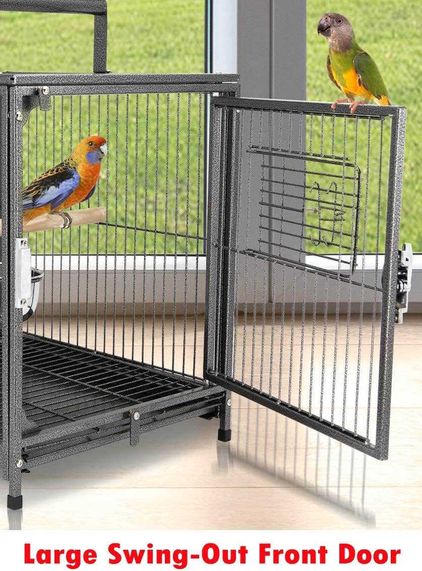 Portable Heavy Duty Travel Bird Parrot Carrier Cage Feeding Bowl Play Stand with Handle