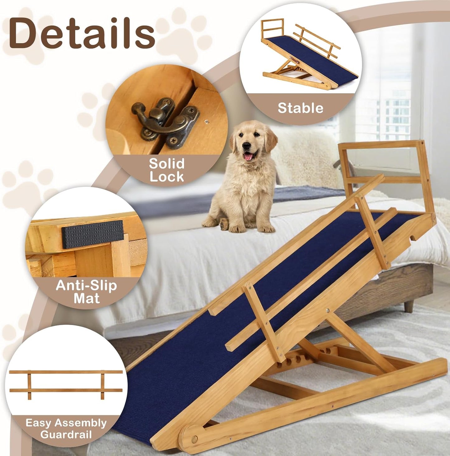 Dog Ramp for Beds, Cars, Couches, Dog Steps Anti-Slip Surface, Dogs Ramps for Old Small Pet,High Traction with Platform, 7 Adjustable Heights 16" to 27" Up, Portable Stairs Design for Dogs, 45.3" Long