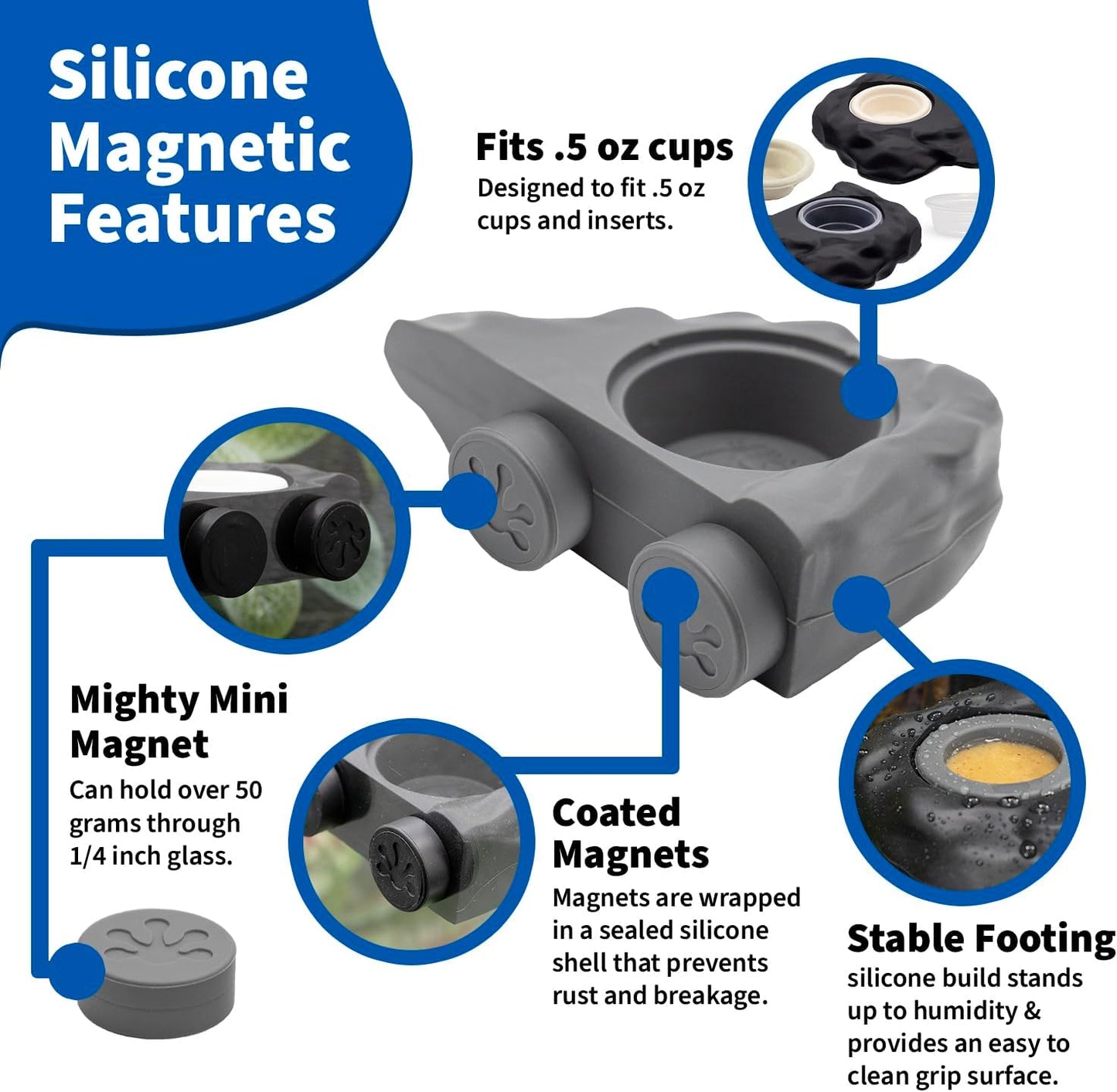 Pangea Silicone Gecko Feeding Ledge - Magnetic Mini Food Dish for Reptile Tank - 4.125" x 2.625" x 1.18" - Fits 0.5oz Cups (Gray)