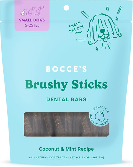 Bocce’s Bakery Dailies Brushy Sticks to Support Oral Health & Fresh Breath, Wheat-Free Dental Bars for Dogs, Made with Real Ingredients, Baked in the USA, All-Natural Coconut & Mint Recipe, Small Dogs