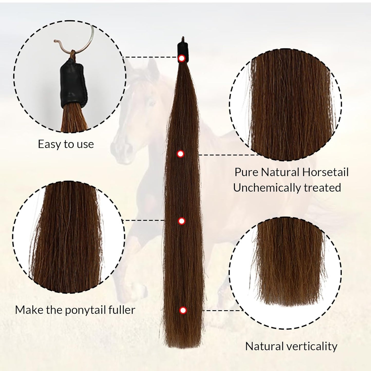 Horse Tail Extension with Braided Horsehair Loop, Blunt Cut Bottom, 3/8 lb, 28-30 inches (drak Chestnut)