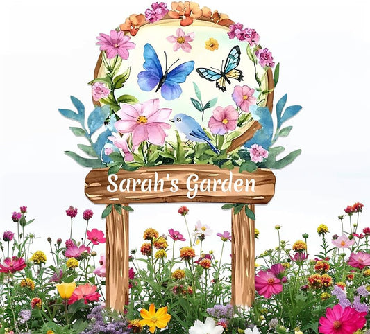 Personalized Watercolor Garden Metal Sign with Stake,Custom Gardener Last Name Signs Outdoor Decor,Customized Birds Gardening Gifts for Mom,Butterfly Flowers Plaques for Patio Lawn Porch Yard Garage