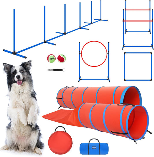 Dog Agility Training Equipment Set, Obstacle Courses Agility Training Kit for Puppy Includes 2 High Hurdles, Standard Tunnel, Blind Tunnel, Jumping Ring, 6 Weave Poles, Pause Box and 2 Carrying Bags