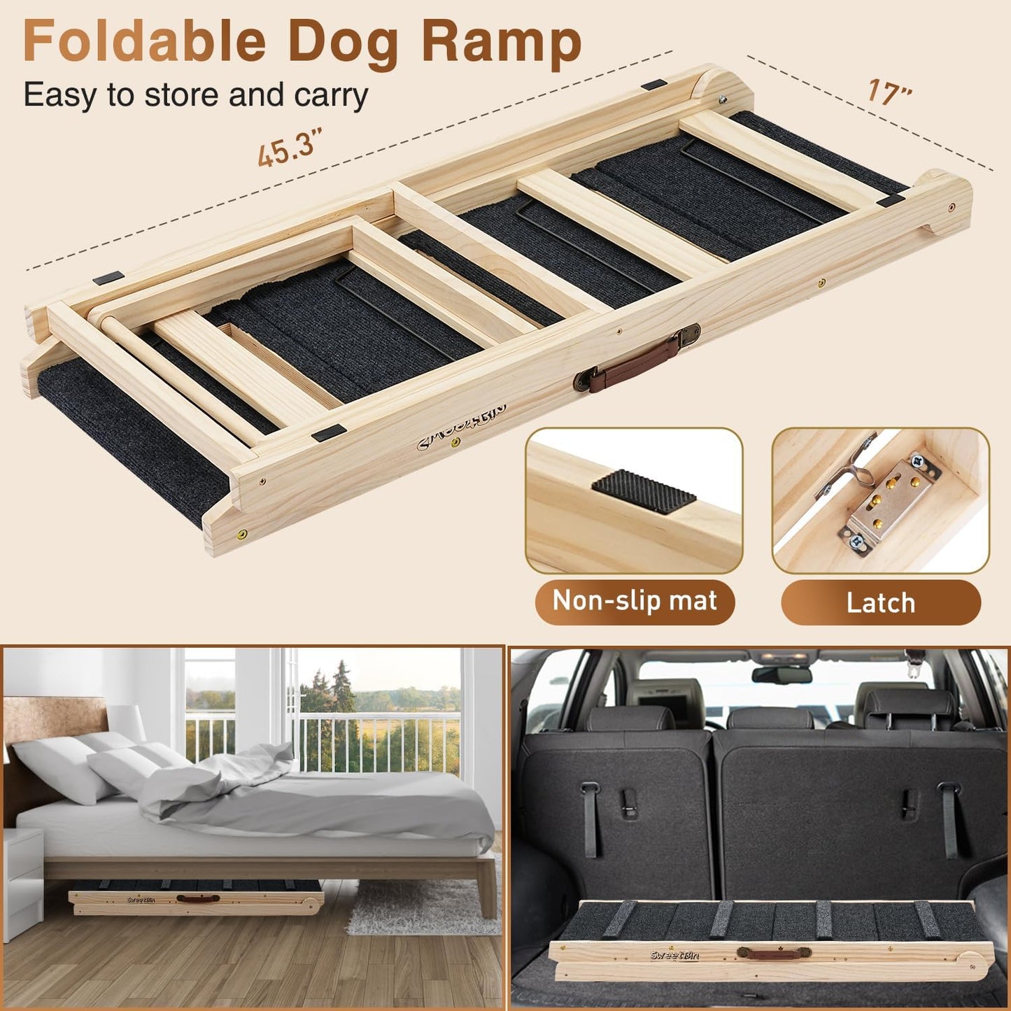 2025 Upgraded Dog Steps for Bed & Couch - 2-in-1 Dog Stairs/Ramp for Small to Large Breeds - 45.3" Long Adjustable 14"-26" Up to 200LBS - Folding Portable Wooden Pet Stairs for high Bed Couch Car