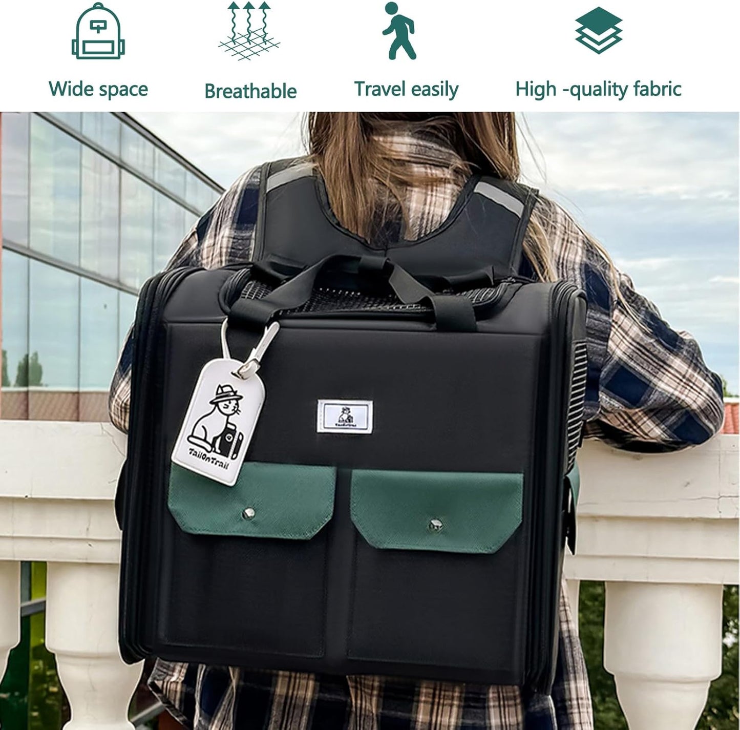 Dog Backpack, Pet Backpack with Breathable Mesh, Pet Travel Carrier with Soft Padded, Reinforced Support, Airline Approved Cat Backpack(Black)