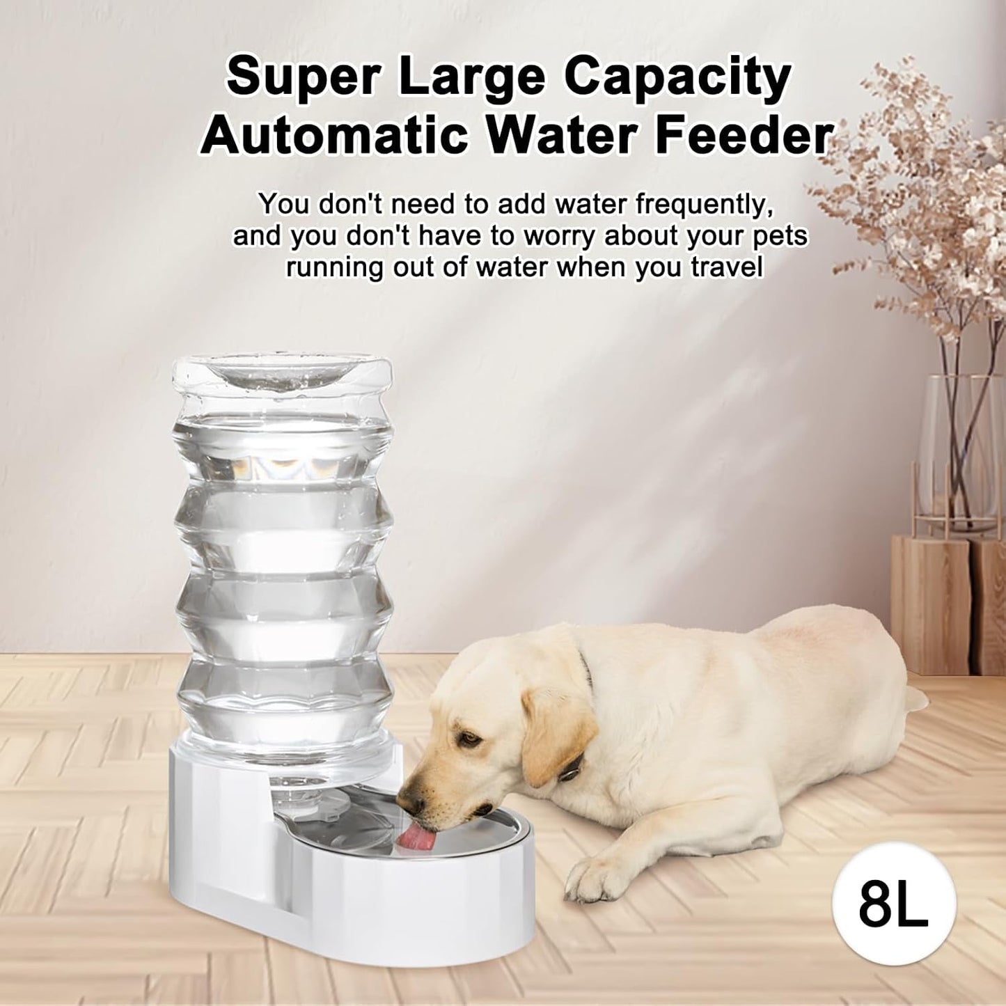 RIZZARI Large Gravity Water Dispenser: 8L Automatic Upgraded Water Feeder with Stainless Steel Bowl - Two Caps and Filters for Pets Indoor/Outdoor Use by Owners