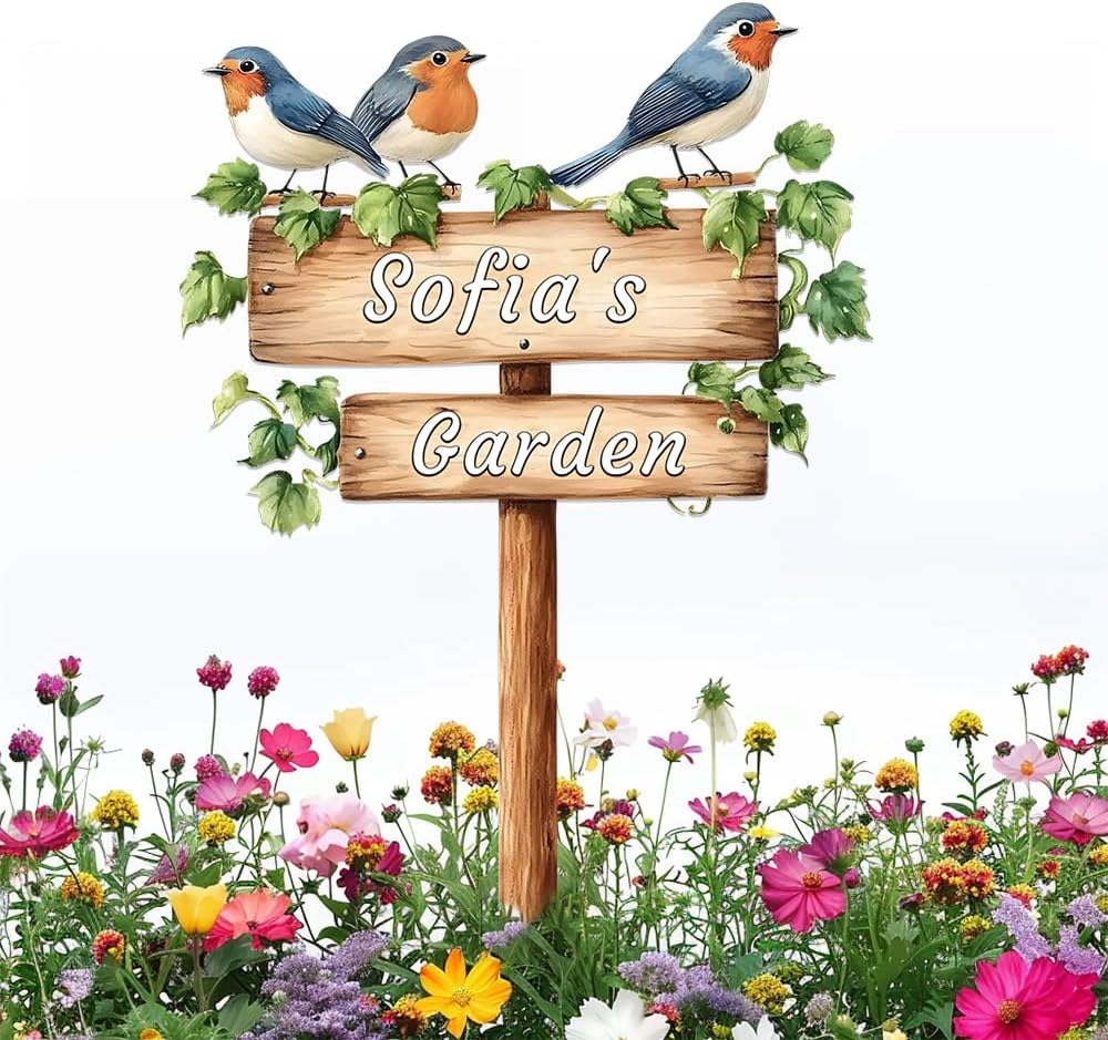 Personalized Bird Metal Sign with Stake,Custom Gardener Last Name Signs Outdoor Decor,Customized Flower Gardening Housewarming Gifts,Birds on the Branch Plaques for Patio Lawn Porch Backyard Farmhouse