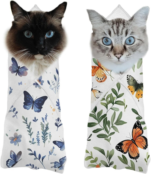 2PCS Cat Wrap for Cutting Nails, 21x21in Self-Adherent Pet Cat Grooming Wrap for Medicine, Nail Clipping, Teeth Brushing, Ear Cleaning | Anti-Escape Anti-Bite Anti-Scratch (Butterfly)
