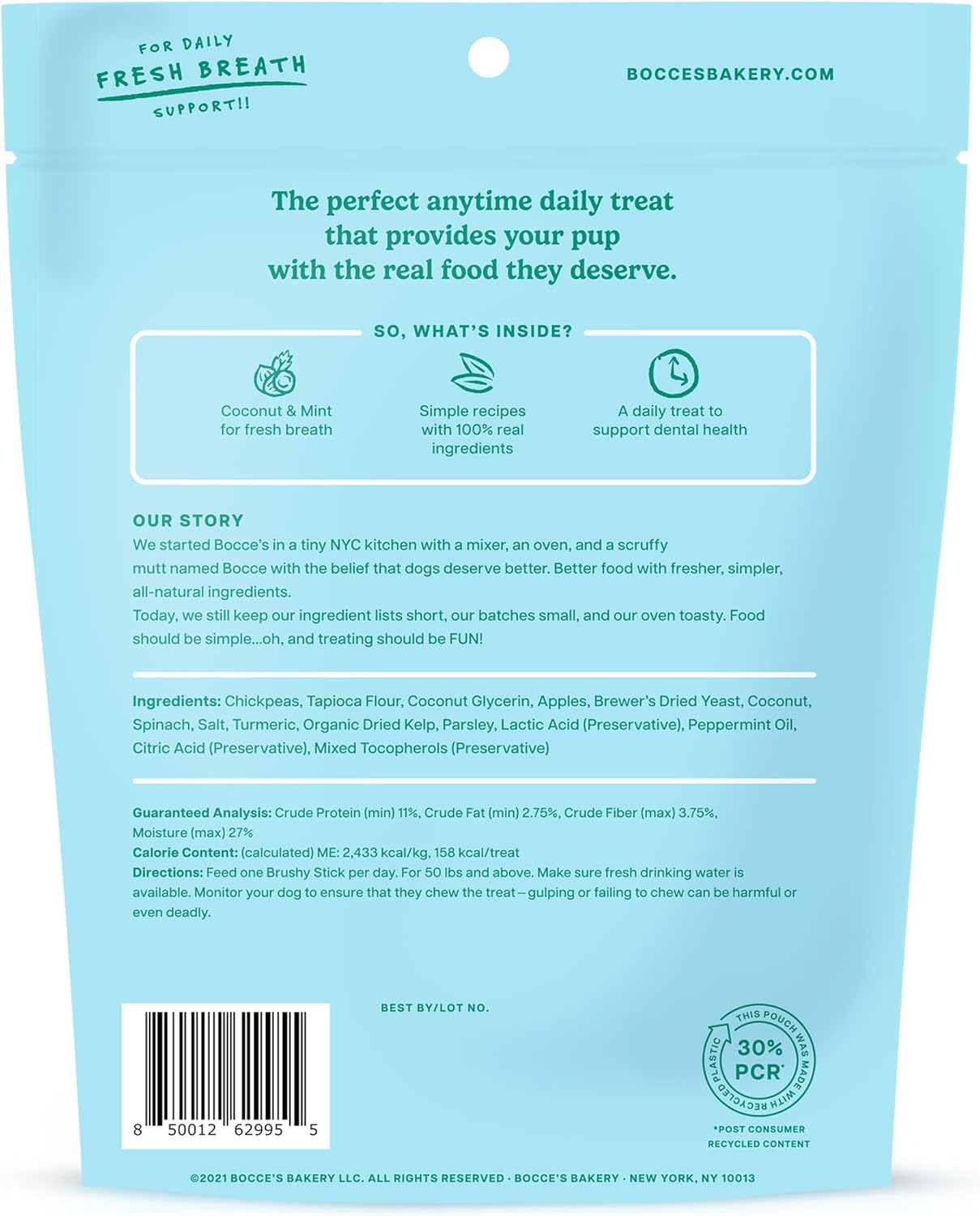 Bocce’s Bakery Dailies Brushy Sticks to Support Oral Health & Fresh Breath, Wheat-Free Dental Bars for Dogs, Made with Real Ingredients, Baked in the USA, All-Natural Coconut & Mint Recipe, Large Dogs
