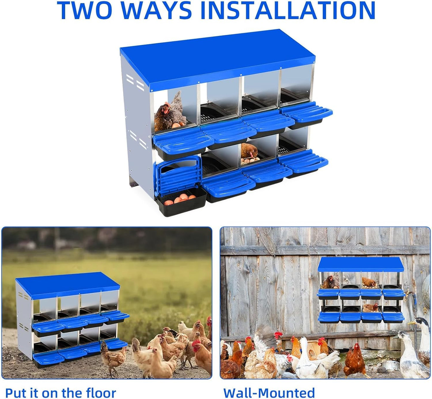 Chicken Nesting Boxes, 8 Hole Metal Chicken Laying Box with with Removable Trays and Roll Out Egg Collection for Chicken Coop, Blue